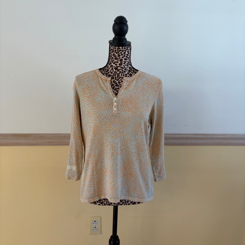 J.McLaughlin Women's Orange Blue Pebble Animal Print 3/4 Sleeve Henley Top Large